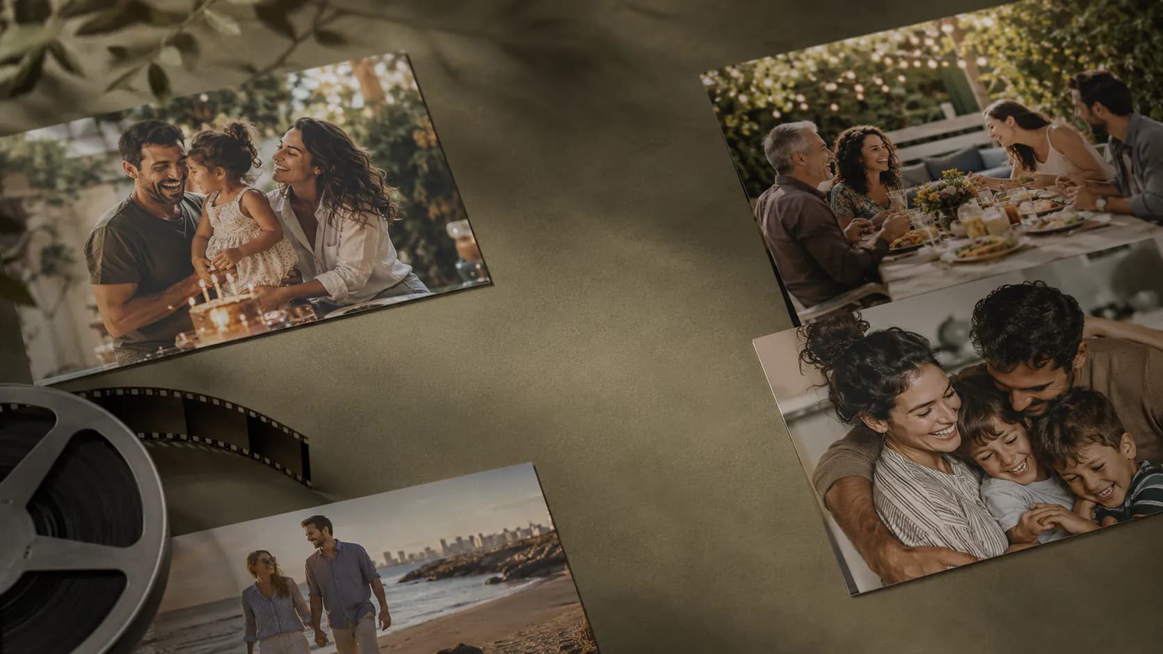 Family photographs arranged around a film reel