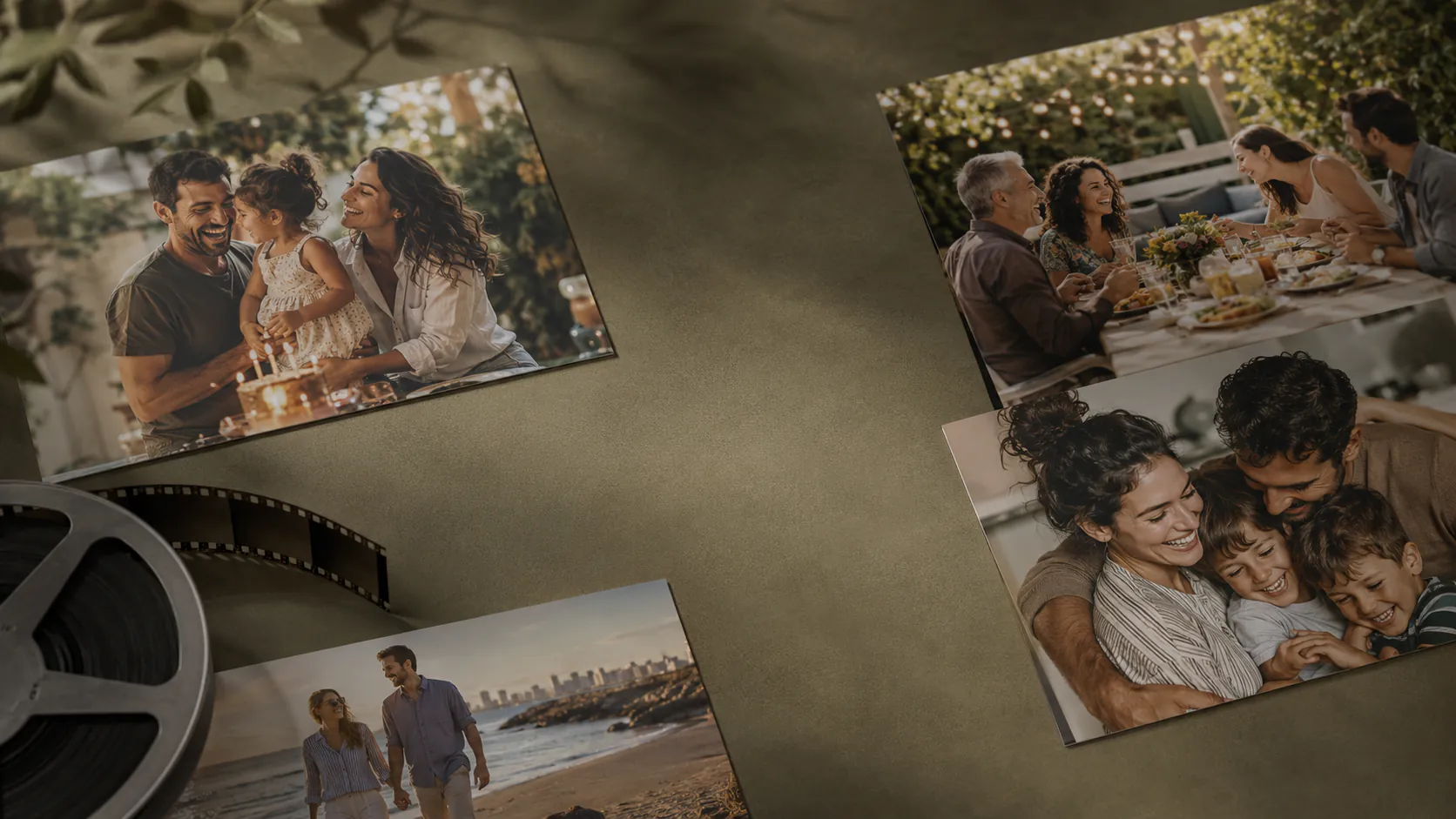Family photographs arranged around a film reel